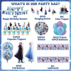 Frozen Birthday Party Supplies for Girls, Frozen Birthday Party Decorations Include Banner, Frozen Balloons, Hanging Swirls, Stickers, Cupcake Toppers, Tablecloth