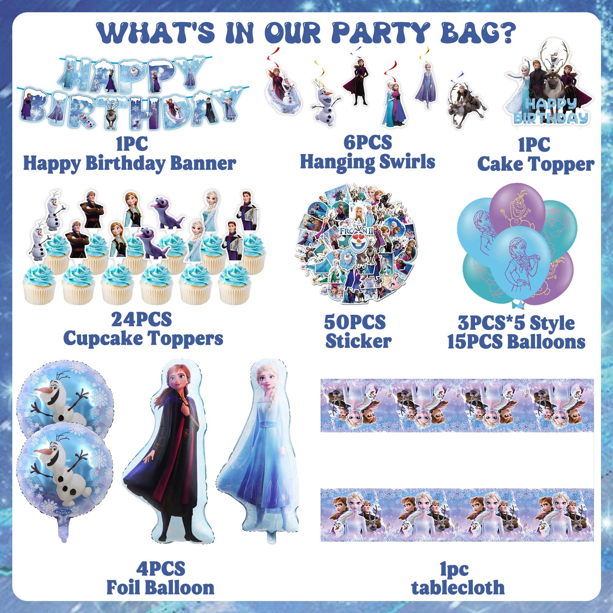 Frozen Birthday Party Supplies for Girls, Frozen Birthday Party Decorations Include Banner, Frozen Balloons, Hanging Swirls, Stickers, Cupcake Toppers, Tablecloth