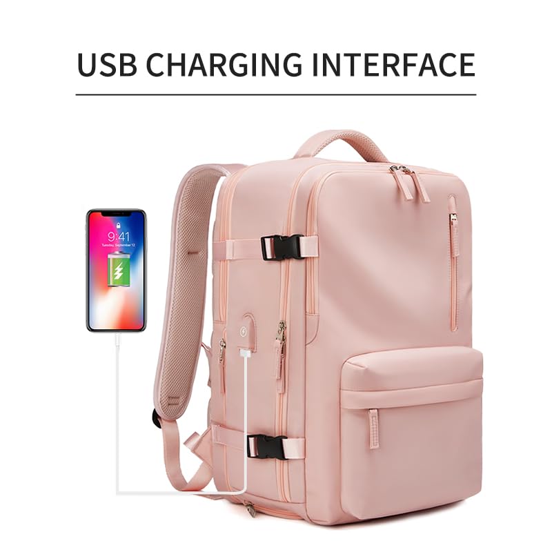 INFEYLAY Women Travel Backpack,16 Inch Expanded 39L USB Charging Business Laptop Backpack with Shoe Bag,waterproof hiking outdoor Backpack (pink)