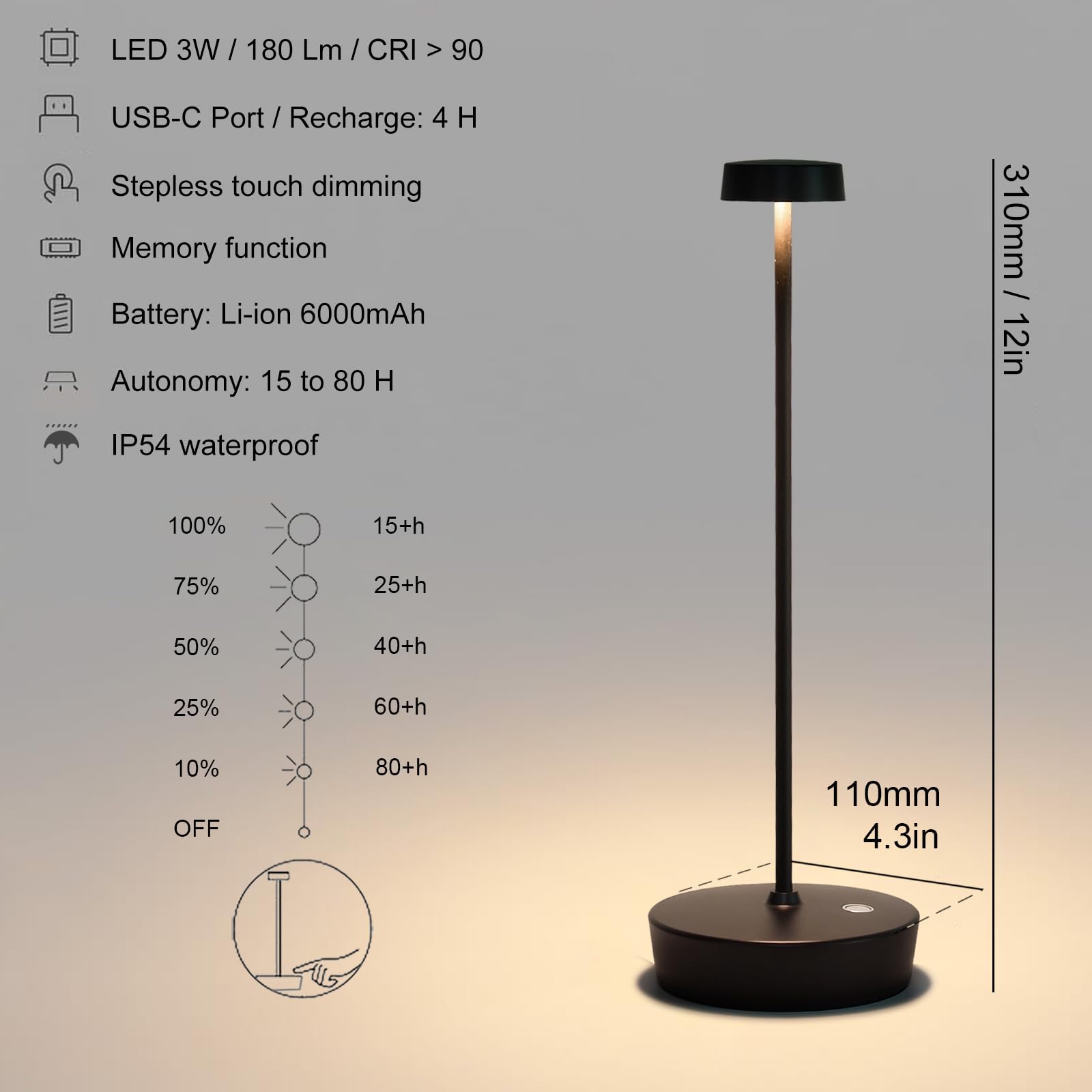 Barryca Rechargeable Cordless Table Lamp, Small Portable LED Battery Operated Light, IP54 Outdoor Waterproof, for Home Restaurant Dinning Bar Patio Kitchen Party (2Pack Black)