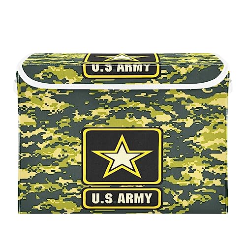 Ollabaky Dark Green Army Camo Larger Collapsible Storage Bin Fabric Decorative Storage Box Cube Organizer Container Baskets with Lid Handles for Closet Organization, Shelves