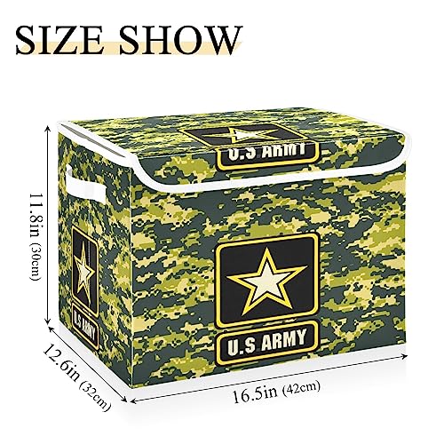 Ollabaky Dark Green Army Camo Larger Collapsible Storage Bin Fabric Decorative Storage Box Cube Organizer Container Baskets with Lid Handles for Closet Organization, Shelves