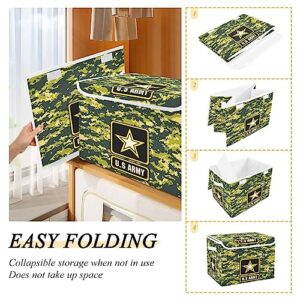 Ollabaky Dark Green Army Camo Larger Collapsible Storage Bin Fabric Decorative Storage Box Cube Organizer Container Baskets with Lid Handles for Closet Organization, Shelves