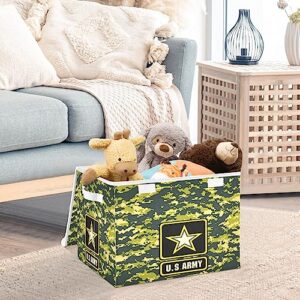 Ollabaky Dark Green Army Camo Larger Collapsible Storage Bin Fabric Decorative Storage Box Cube Organizer Container Baskets with Lid Handles for Closet Organization, Shelves