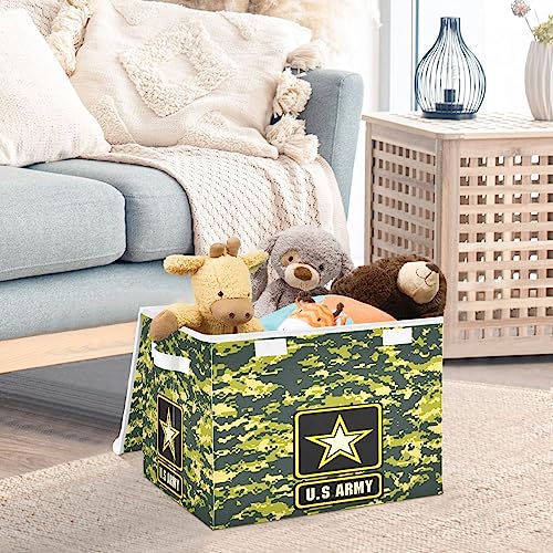 Ollabaky Dark Green Army Camo Larger Collapsible Storage Bin Fabric Decorative Storage Box Cube Organizer Container Baskets with Lid Handles for Closet Organization, Shelves