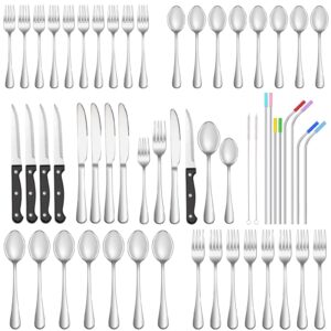 56 pcs silverware set with steak knives and metal straw for 8,stainless steel flatware set, mirror polished cutlery utensil set, home kitchen eating tableware set,fork knife spoon set,dishwasher safe