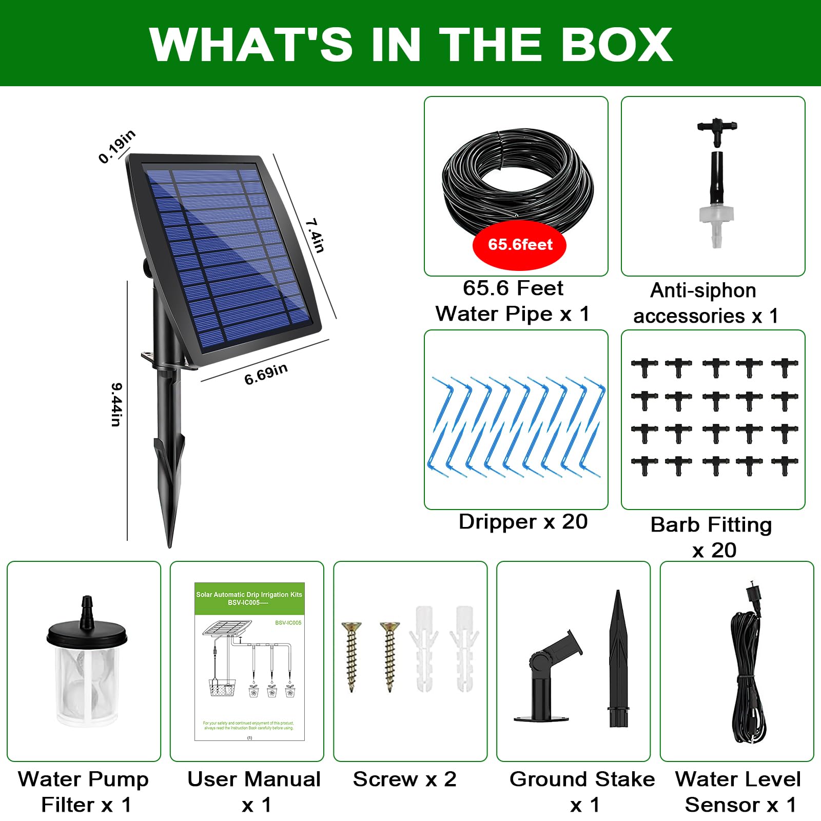 12 Timer Modes Solar Drip Irrigation System - Auto Drip Irrigation Kits with Anti-Siphon Supports 20-30 Pots, Solar Powered Garden Watering System for Indoor & Outdoor Plants, 3W, 65.6 FT