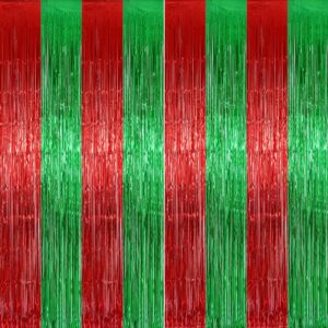 2 pack 3.2ft x 9.8ft christmas metallic foil fringe curtain, red green tinsel curtains streamer large party photo booth props backdrops for happy new year birthday wall door indoor outdoor decorations