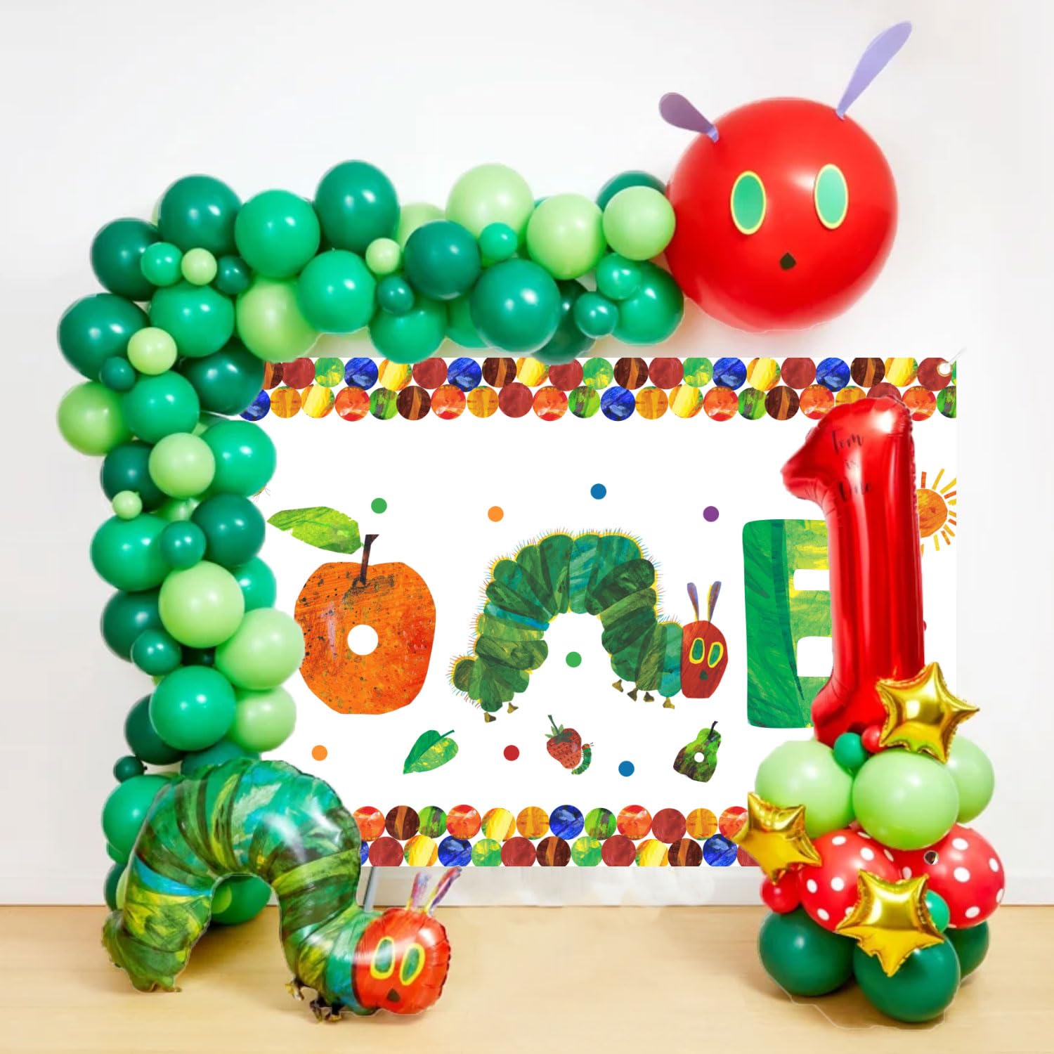 The Cute Hungry Caterpillar Birthday Banner Backdrop, one Year Old Cartoon Hungry Caterpillar Birthday Party Sign Supplies, Apple Sun Leaf Fruits ​Birthday Poster Background Photo Props Decoration