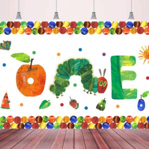 The Cute Hungry Caterpillar Birthday Banner Backdrop, one Year Old Cartoon Hungry Caterpillar Birthday Party Sign Supplies, Apple Sun Leaf Fruits ​Birthday Poster Background Photo Props Decoration