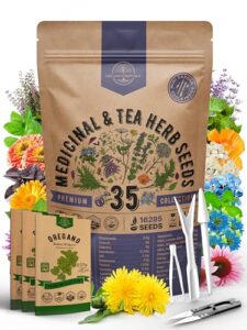 35 medicinal & tea herb seeds variety pack for indoor & outdoors. 16,300+ non-gmo heirloom garden seeds: anise, bergamot, borage, cilantro, chamomile, dandelion, rosemary seeds & more