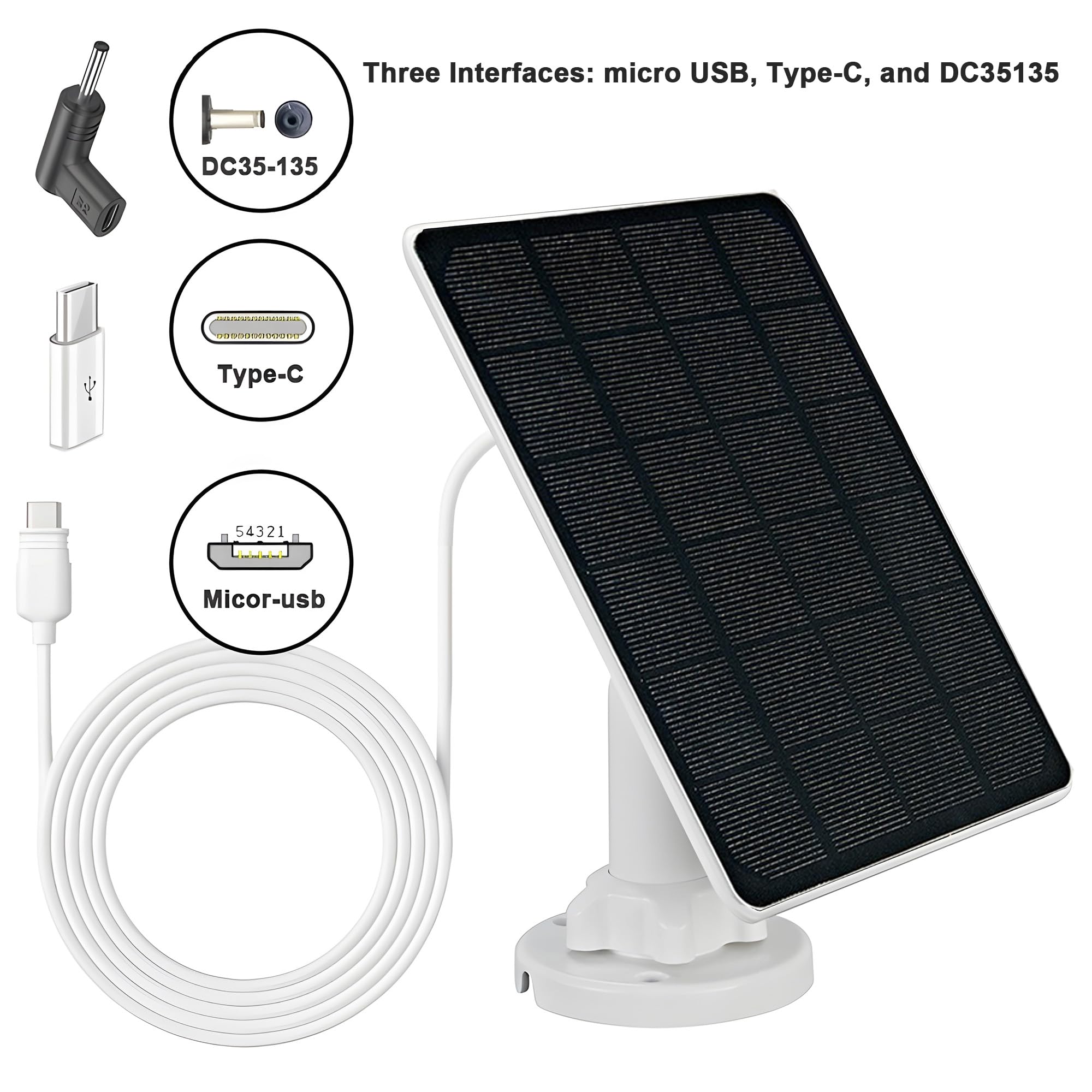 3W Solar Panel for Security Camera with micorUSB/Type-C/DC3513 Three Types of Connectors, IP65 Waterproof, 3m Charging Cable, Compatible with EUFYcam 2/2pro/2c/2c pro/E/3C/L20/L40/S40