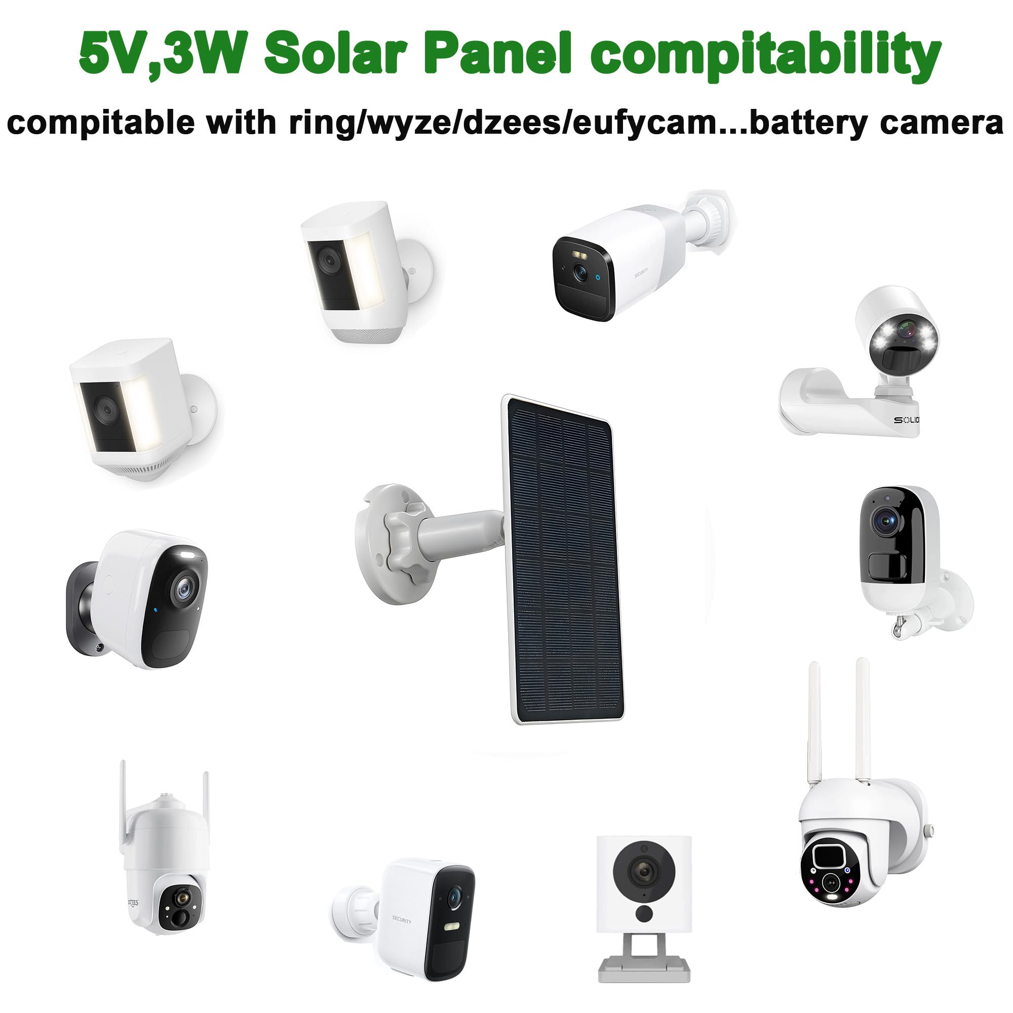 3W Solar Panel for Security Camera with micorUSB/Type-C/DC3513 Three Types of Connectors, IP65 Waterproof, 3m Charging Cable, Compatible with EUFYcam 2/2pro/2c/2c pro/E/3C/L20/L40/S40