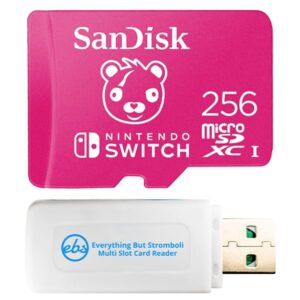 sandisk fortnite edition 256gb microsdxc uhs-i memory card works with nintendo switch, switch oled, switch lite (sdsqxao-256g-gn6zg) bundle with (1) everything but stromboli microsd & sd card reader