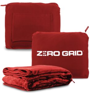 zero grid premium lightweight wearable super soft travel blanket with neck snaps, cozy footpockets and zipper pouch, compact airplane with luggage strap travel blanket and pillow set