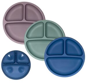 little buddies 100% silicone suction dishware plates for toddlers and babies | dishwasher and microwave safe | 3 pack | blue, gray, green