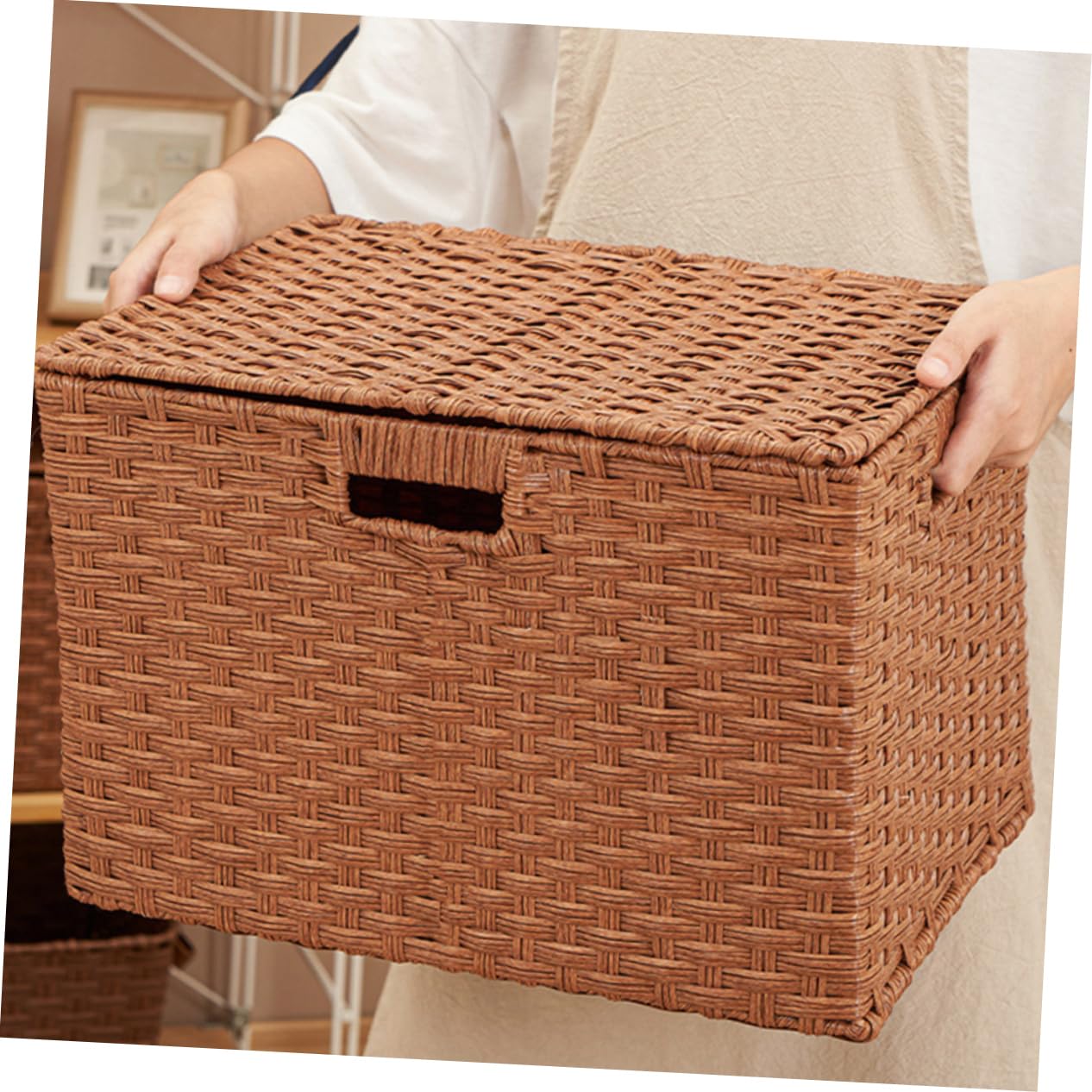 Cabilock Wardrobe Organizer Seagrass Storage Basket Drawer Storage Makeup Organizer File Storage Organizer Small Basket with Lid Wicker Organizing Bins Imitation Rattan Simple Storage Bag