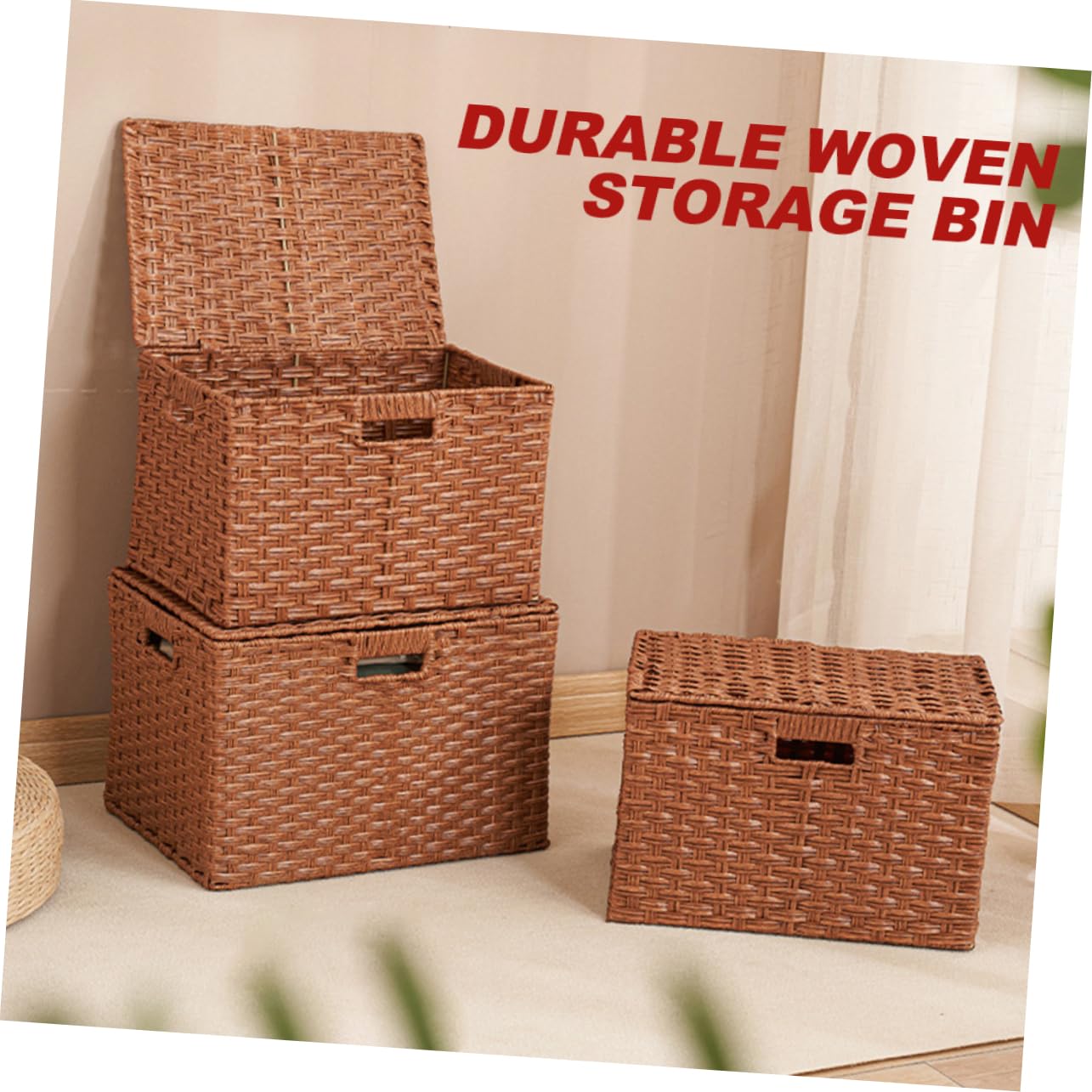 Cabilock Wardrobe Organizer Seagrass Storage Basket Drawer Storage Makeup Organizer File Storage Organizer Small Basket with Lid Wicker Organizing Bins Imitation Rattan Simple Storage Bag