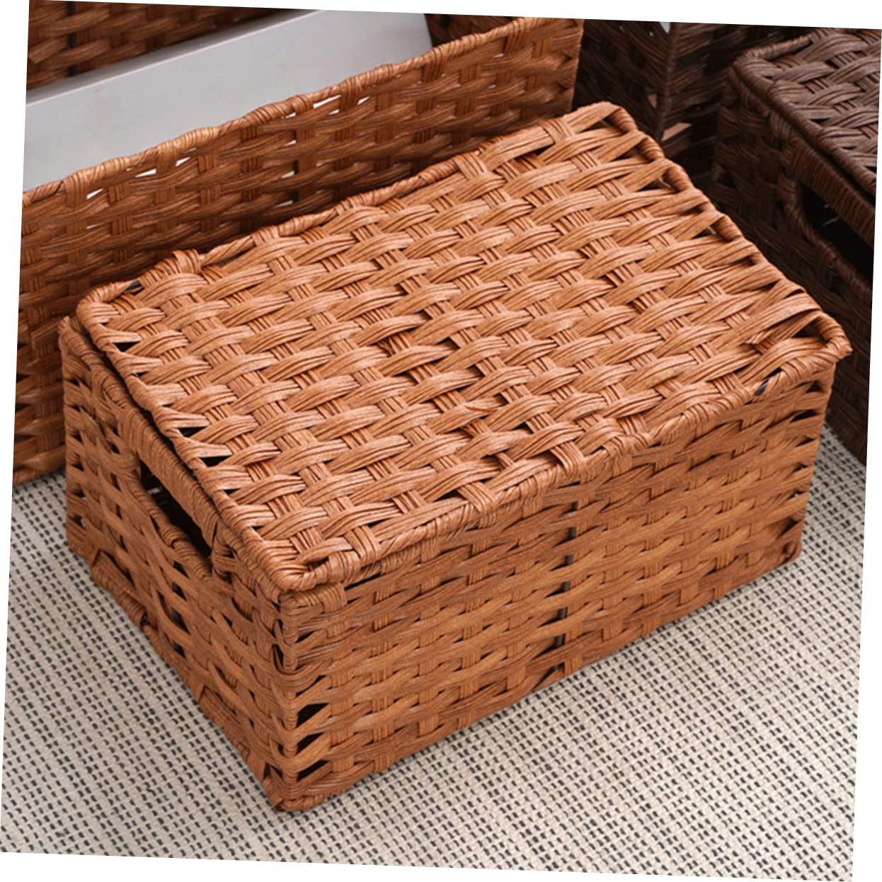 Cabilock Wardrobe Organizer Seagrass Storage Basket Drawer Storage Makeup Organizer File Storage Organizer Small Basket with Lid Wicker Organizing Bins Imitation Rattan Simple Storage Bag