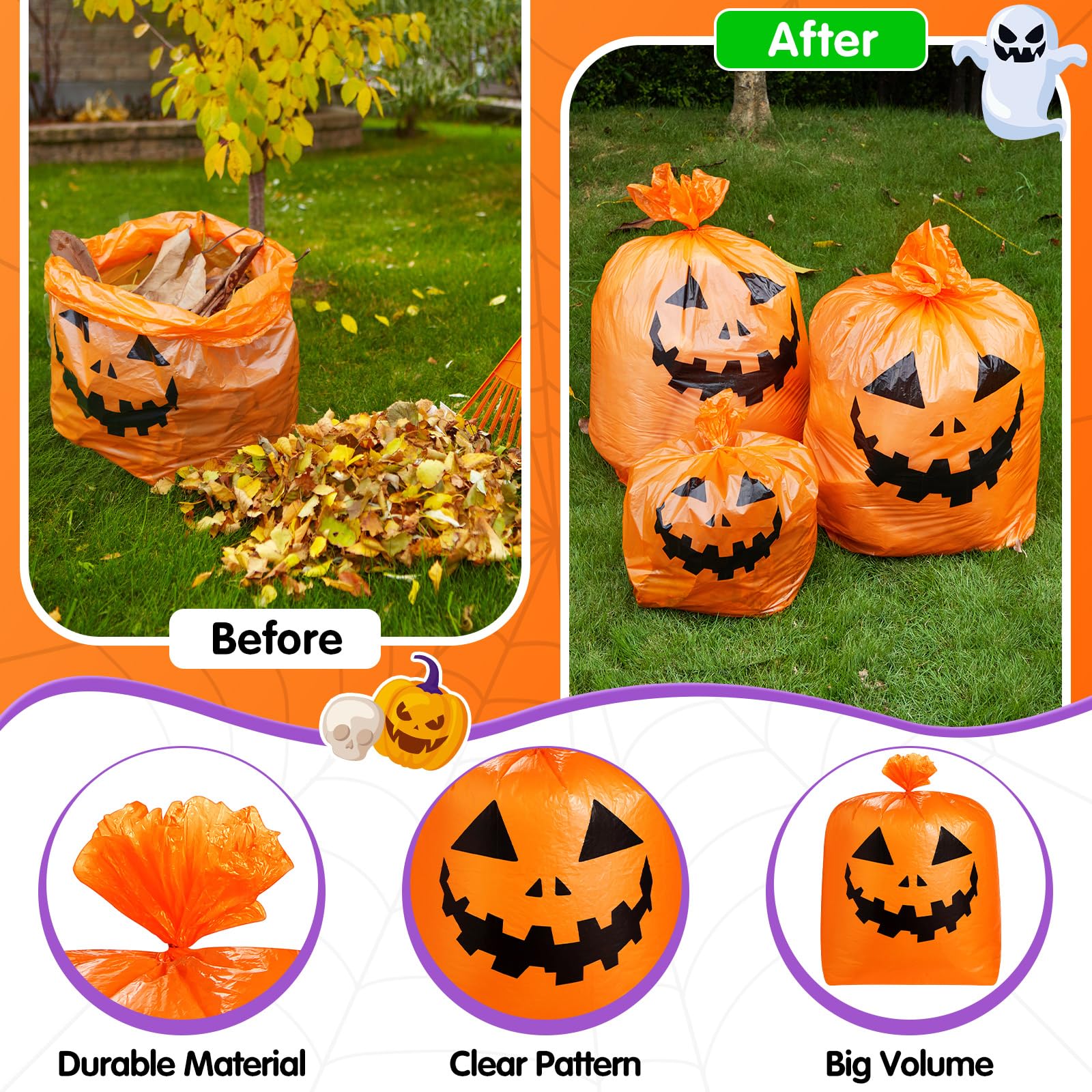 Qilery 6 Pcs Halloween Pumpkin Leaf Bags Plastic Lawn Bags with Twist Ties Fall Yard Trash Bags Reusable Yard Waste Bags Halloween Goodie Bags for Halloween Garden Outdoor Party Favors Decorations