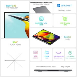 CHUWI 2023 MiniBook X Touchscreen 2-in-1 Laptop, 12GB RAM 512GB ROM, Intel Celeron N5100, 10.51" Windows 11 Convertible Laptops, 1TB SSD Expand, 1920x1200, Backlit Keyboard, WiFi 6, BT5.2, Webcam