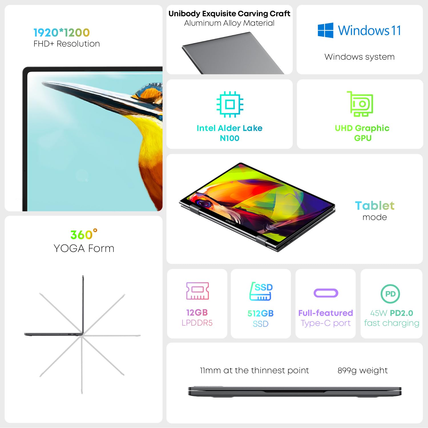 CHUWI 2023 MiniBook X Touchscreen 2-in-1 Laptop, 12GB RAM 512GB ROM, Intel Celeron N5100, 10.51" Windows 11 Convertible Laptops, 1TB SSD Expand, 1920x1200, Backlit Keyboard, WiFi 6, BT5.2, Webcam