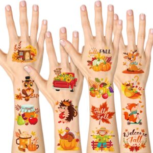 HOWAF 96pcs Fall Temporary Tattoos for Kids, Fall Harvest Face Tattoos for Welcome Fall Hello Autumn Party Decoration Supplies, Autumn Harvest Tattoo Stickers with Pumpkin Scarecrow Design