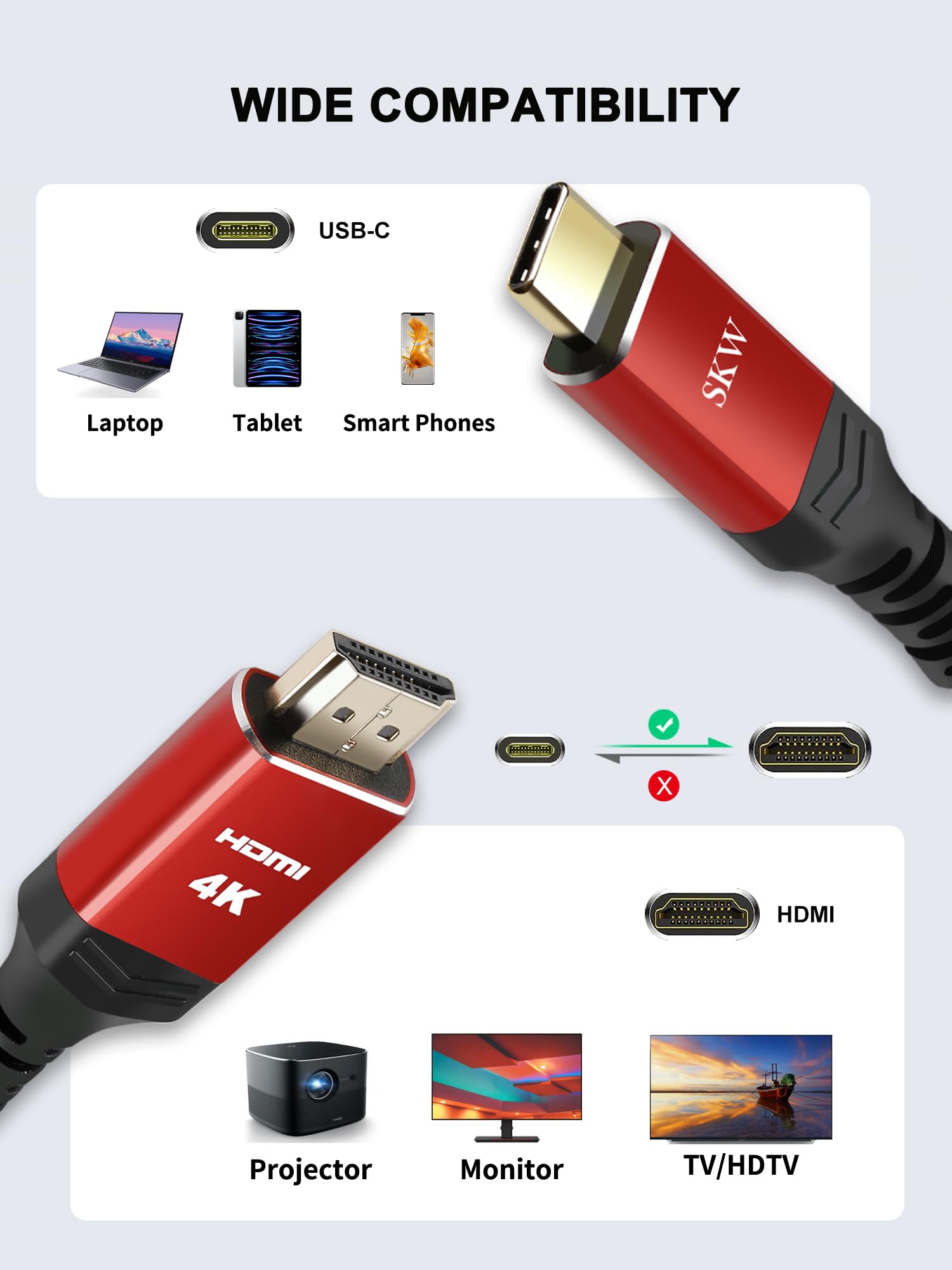 SKW USB C to HDMI Cable 4k 3.3ft, USBC Adapter for Monitor, Connector ChromeBook, USB-C Cord Mac MacBook pro 2022 Surface 8 VivoBook Flip 14 Aspire 5 and More