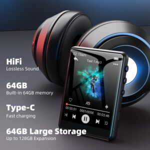 64GB MP3 Player with Bluetooth5.3, 2.4-Inch HD Full Touch Screen, Portable Lossless Sound Music Player with HD Speaker, mp3 with FM Radio Recording e-Book, Record, Earphone Included
