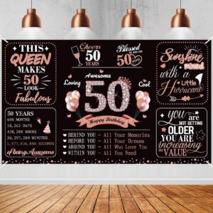 large 50th birthday banner party decorations for women, rose gold 50 and fabulous birthday backdrop party supplies, fifty year old birthday poster photo decor for indoor outdoor