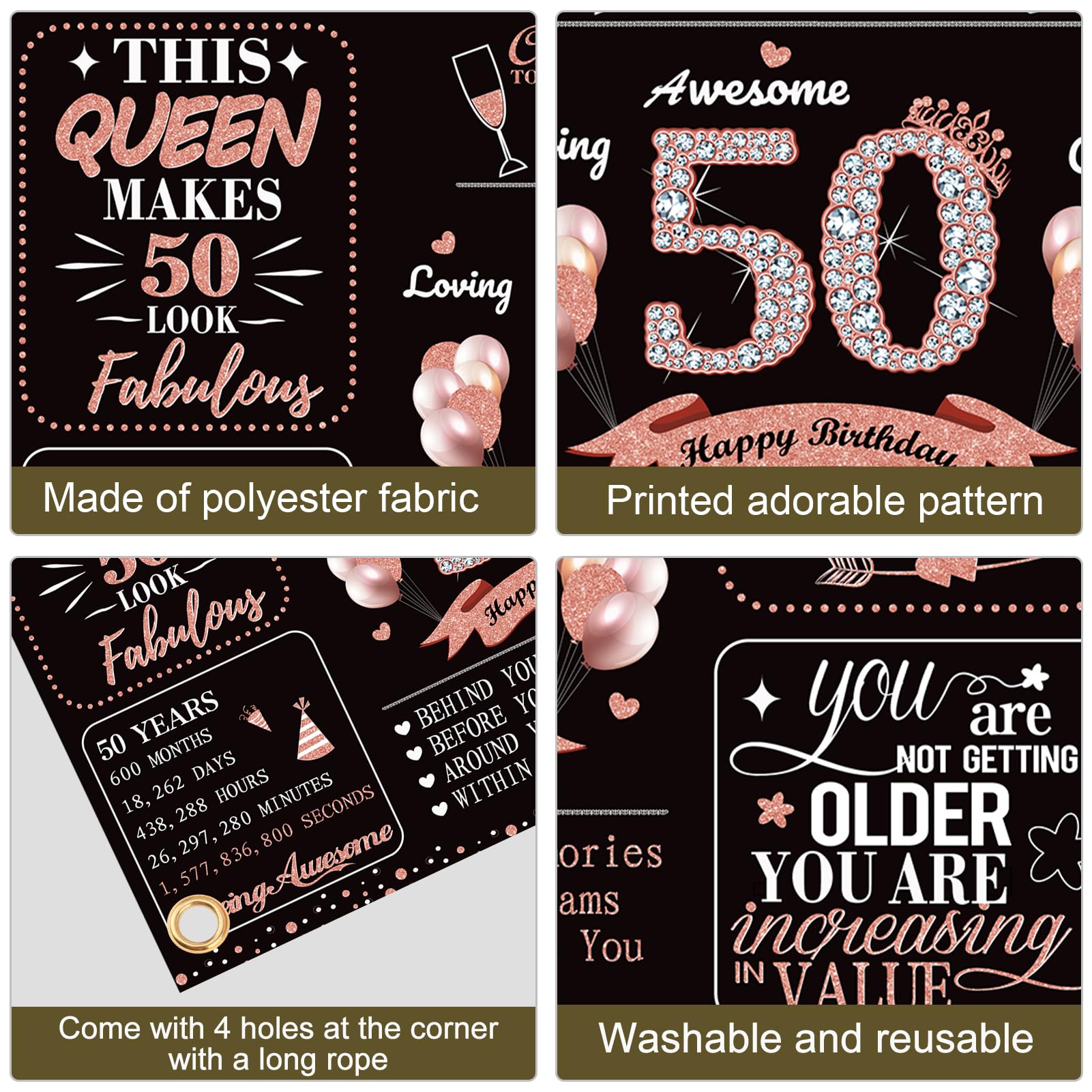 Large 50th Birthday Banner Party Decorations for Women, Rose Gold 50 and Fabulous Birthday Backdrop Party Supplies, Fifty Year Old Birthday Poster Photo Decor for Indoor Outdoor