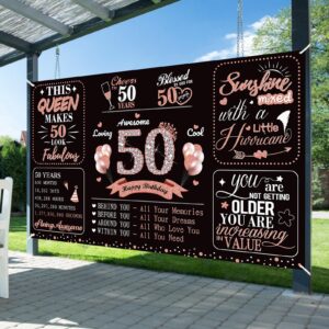 Large 50th Birthday Banner Party Decorations for Women, Rose Gold 50 and Fabulous Birthday Backdrop Party Supplies, Fifty Year Old Birthday Poster Photo Decor for Indoor Outdoor