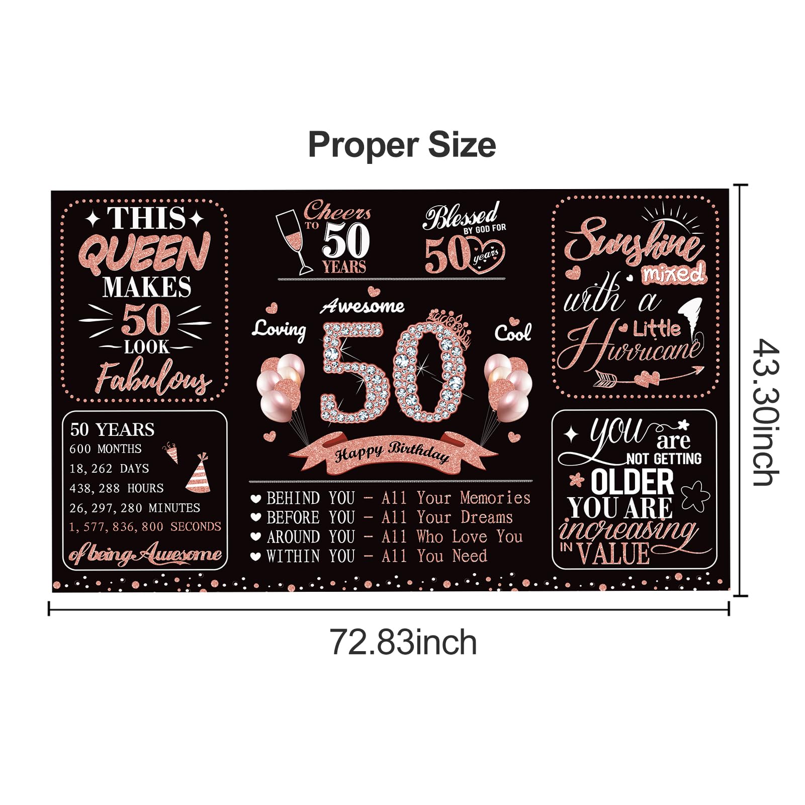 Large 50th Birthday Banner Party Decorations for Women, Rose Gold 50 and Fabulous Birthday Backdrop Party Supplies, Fifty Year Old Birthday Poster Photo Decor for Indoor Outdoor