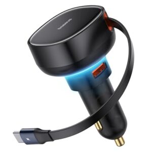 Baseus USB C Car Charger, 60W Retractable Car Charger, Dual Fast Charging, Compatible with iPhone 15/14/13/12 Pro Max, Plus, Samsung Galaxy S23/S22/S21 Ultra, Google Pixel and More