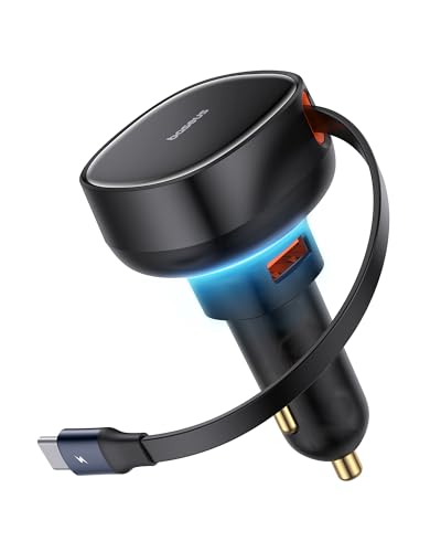 Baseus USB C Car Charger, 60W Retractable Car Charger, Dual Fast Charging, Compatible with iPhone 15/14/13/12 Pro Max, Plus, Samsung Galaxy S23/S22/S21 Ultra, Google Pixel and More