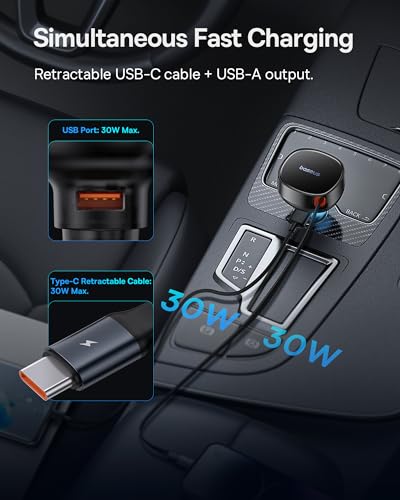 Baseus USB C Car Charger, 60W Retractable Car Charger, Dual Fast Charging, Compatible with iPhone 15/14/13/12 Pro Max, Plus, Samsung Galaxy S23/S22/S21 Ultra, Google Pixel and More