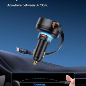 Baseus USB C Car Charger, 60W Retractable Car Charger, Dual Fast Charging, Compatible with iPhone 15/14/13/12 Pro Max, Plus, Samsung Galaxy S23/S22/S21 Ultra, Google Pixel and More