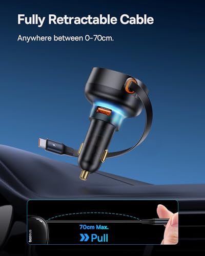 Baseus USB C Car Charger, 60W Retractable Car Charger, Dual Fast Charging, Compatible with iPhone 15/14/13/12 Pro Max, Plus, Samsung Galaxy S23/S22/S21 Ultra, Google Pixel and More