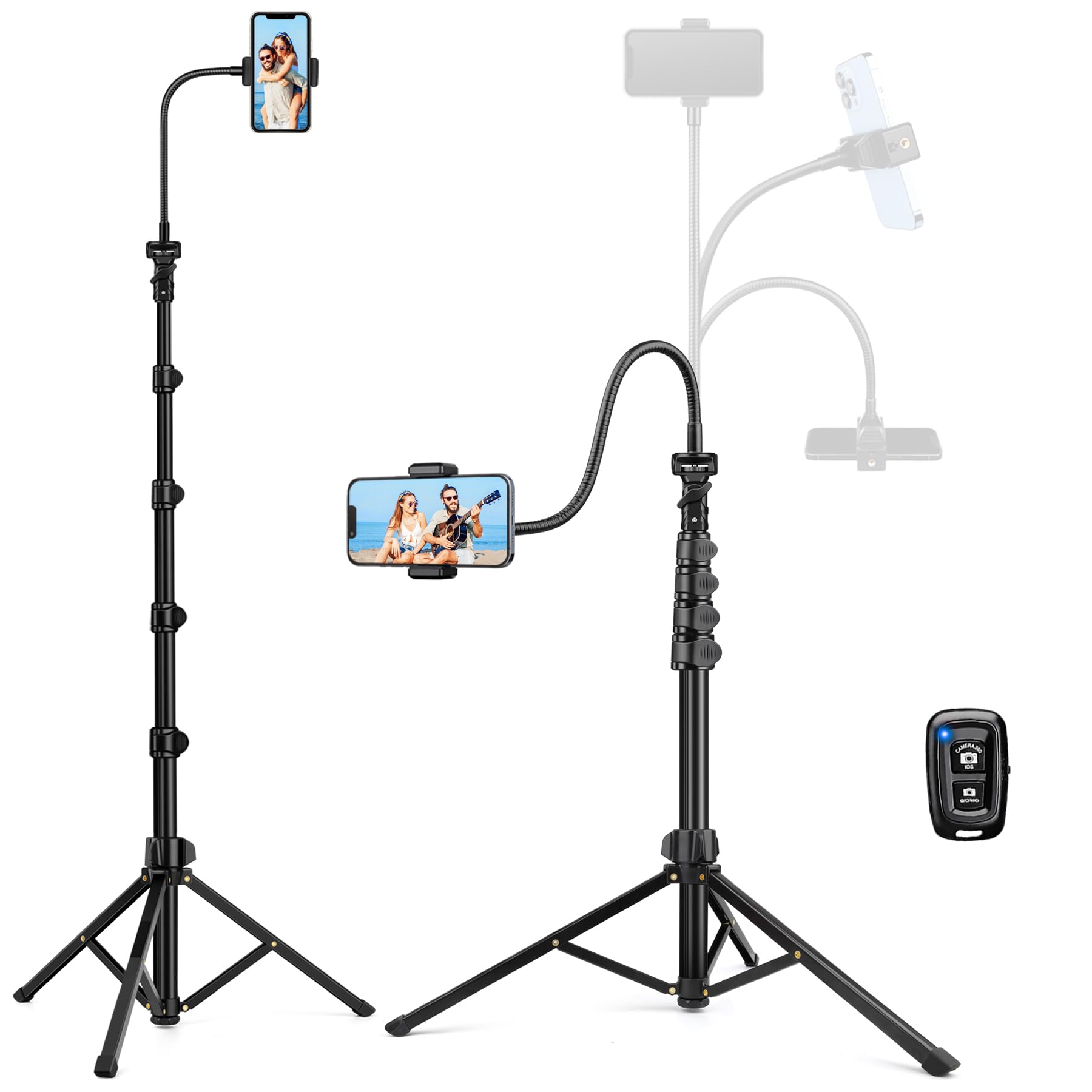 Phone Tripod Stand, 85" Tall Cellphone Tripod with Gooseneck Remote, Flexible Tripod Stand for iphone, Portable Phone Stand Tripod for Recording, Compatible with iPhone 14 13 12 pro Android Cell phone