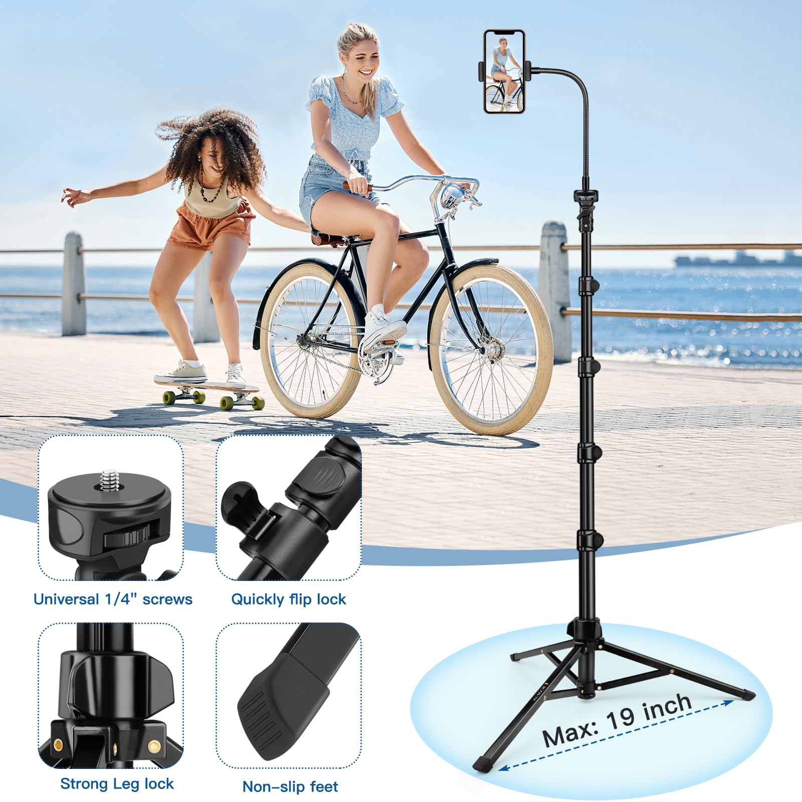 Phone Tripod Stand, 85" Tall Cellphone Tripod with Gooseneck Remote, Flexible Tripod Stand for iphone, Portable Phone Stand Tripod for Recording, Compatible with iPhone 14 13 12 pro Android Cell phone