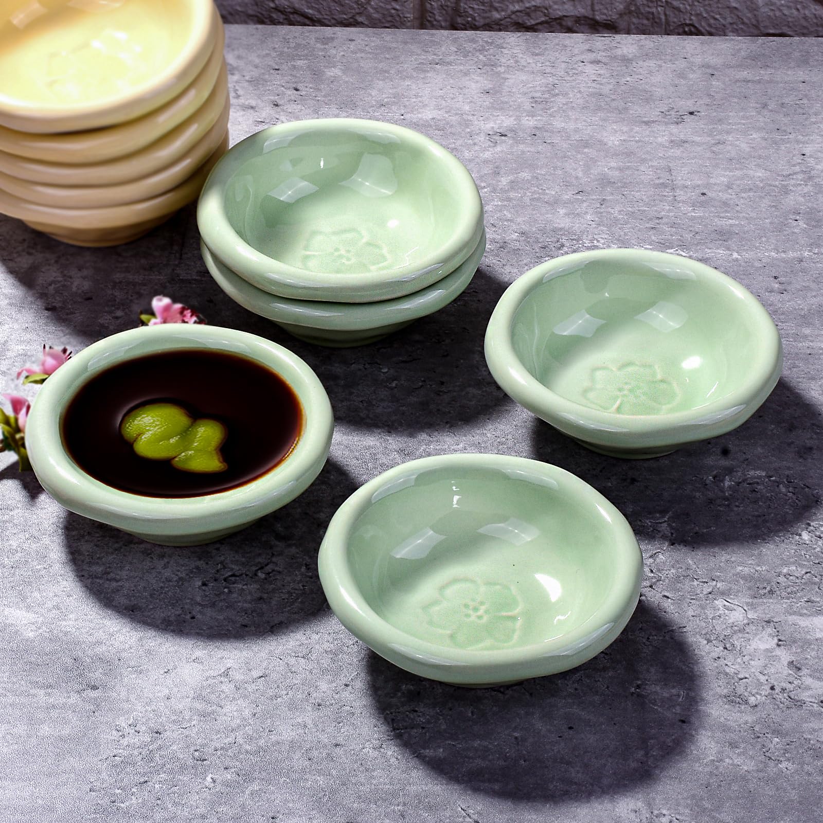 BOSILI Ceramic Soy Sauce Dish Set of 5, Sushi Sauce Dish for Dipping (Green)