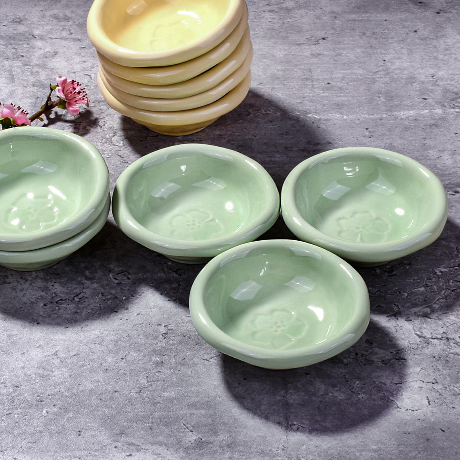 BOSILI Ceramic Soy Sauce Dish Set of 5, Sushi Sauce Dish for Dipping (Green)