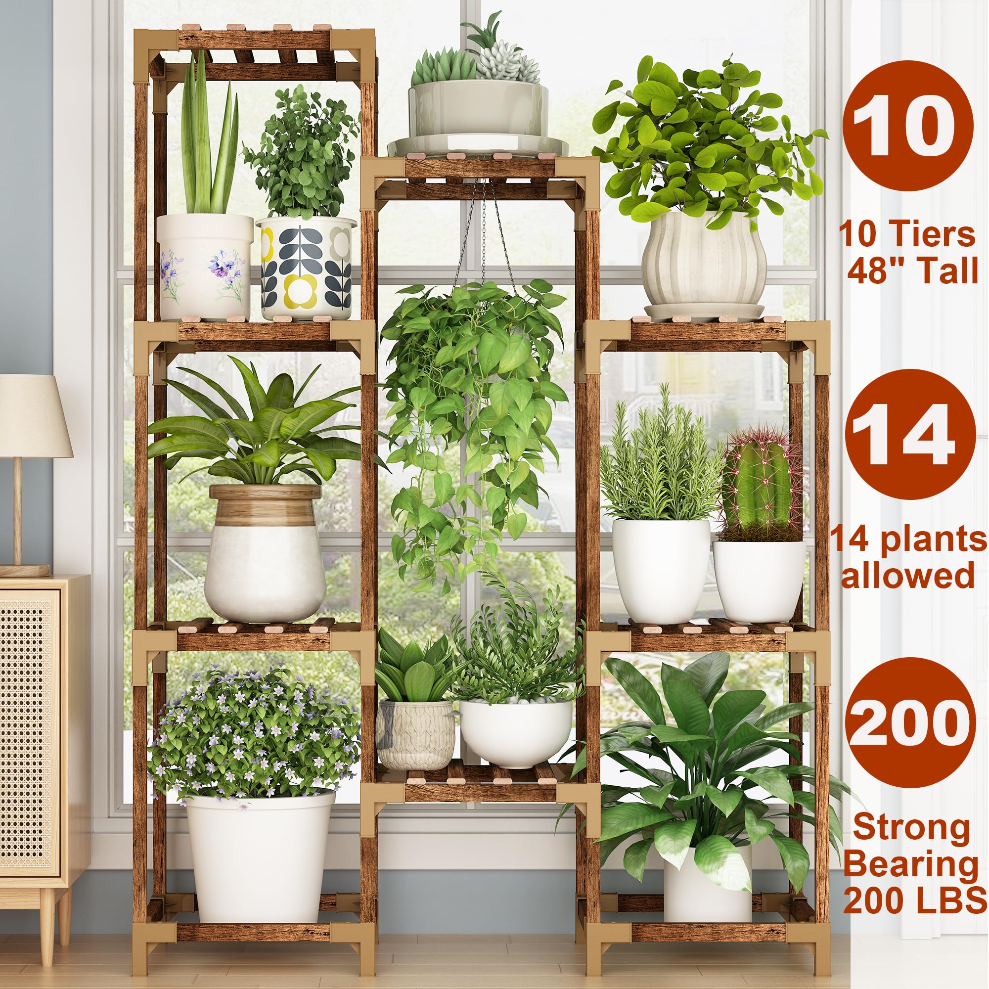 HOMKIRT Plant Stand for Indoor Outdoor, 10 Tier Tall Plant Shelf Large Plant Rack Table Holder Flower Stand for Multiple Pots for Patio Porch Living Room Balcony Corner Garden Office Boho Decor