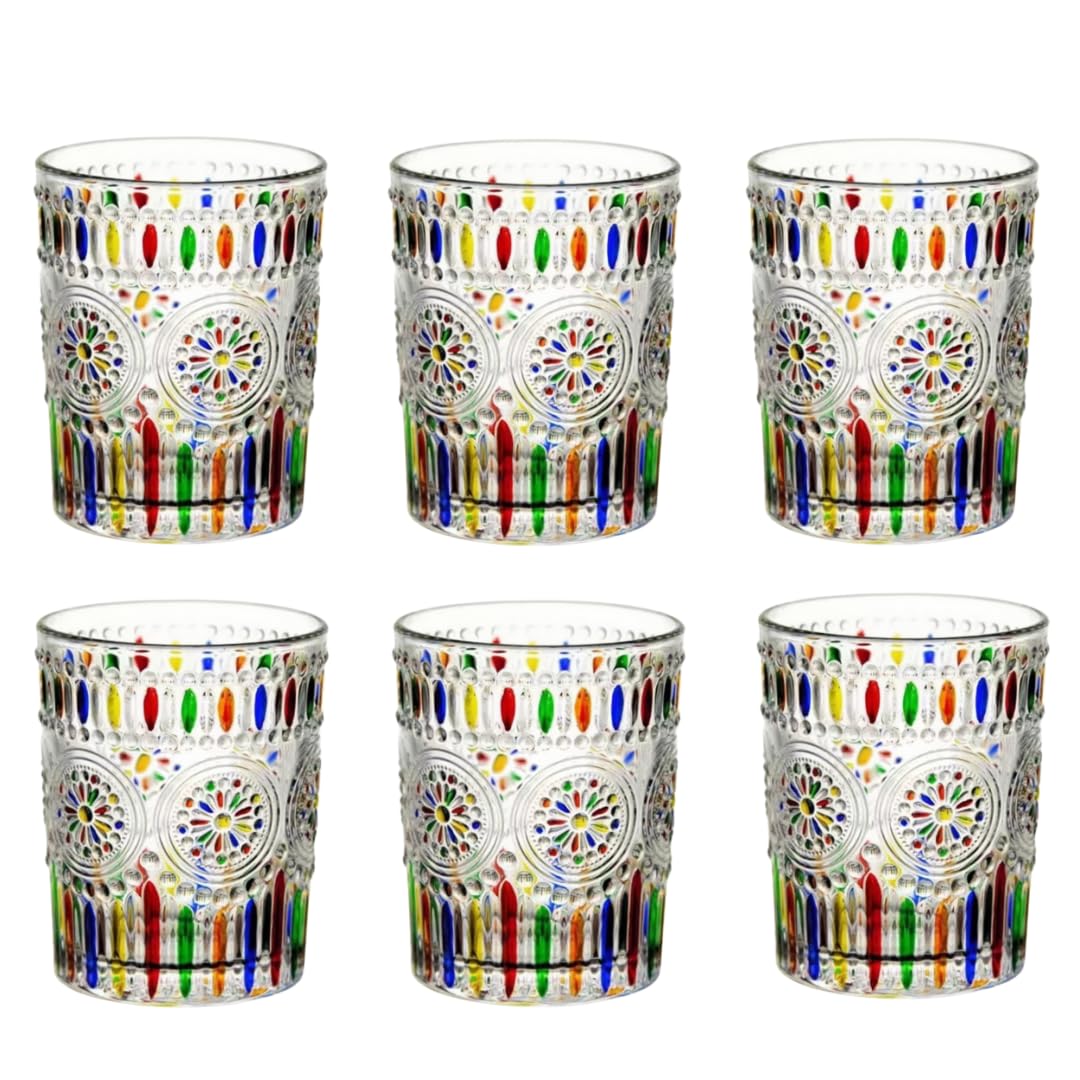 Hovico Hand Painted Stained Glass Window Whiskey Tumblers 8.45oz Set of 6 pieces, A wine glass with stripes and retro sun patterns, water glass,tea cup,juice cup,wine cup,beer glass