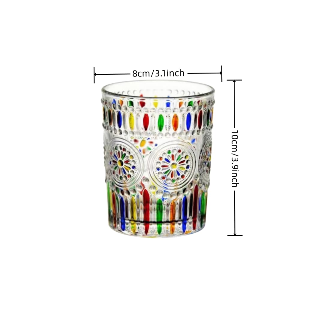 Hovico Hand Painted Stained Glass Window Whiskey Tumblers 8.45oz Set of 6 pieces, A wine glass with stripes and retro sun patterns, water glass,tea cup,juice cup,wine cup,beer glass