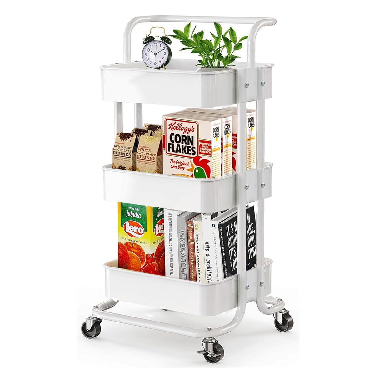 YKL 3-Tier Utility Rolling Cart,Mobile Utility Cart with Lockable Caster Wheels, Metal Organization Cart with Handle Multifunctional Storage Shelves for Kitchen Living Room Office White