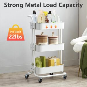 YKL 3-Tier Utility Rolling Cart,Mobile Utility Cart with Lockable Caster Wheels, Metal Organization Cart with Handle Multifunctional Storage Shelves for Kitchen Living Room Office White