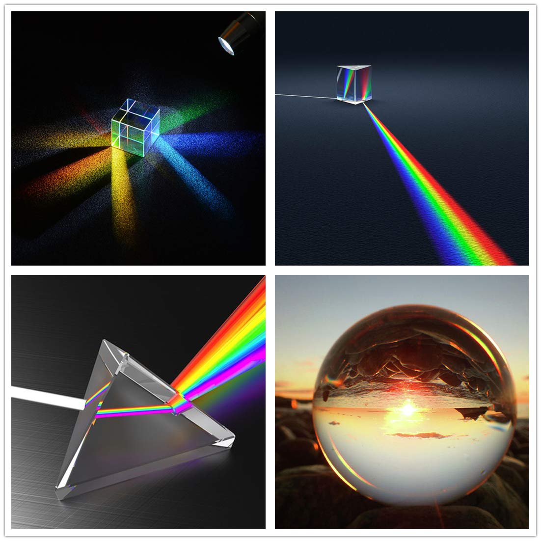 QFkris 7 Pack Crystal Photography Prism Set, Include 50mm Crystal Ball, 50mm Crystal Cube, 50mm Optical Pyramid, 25mm*1+50mm*2+100mm*1Triangular Prism