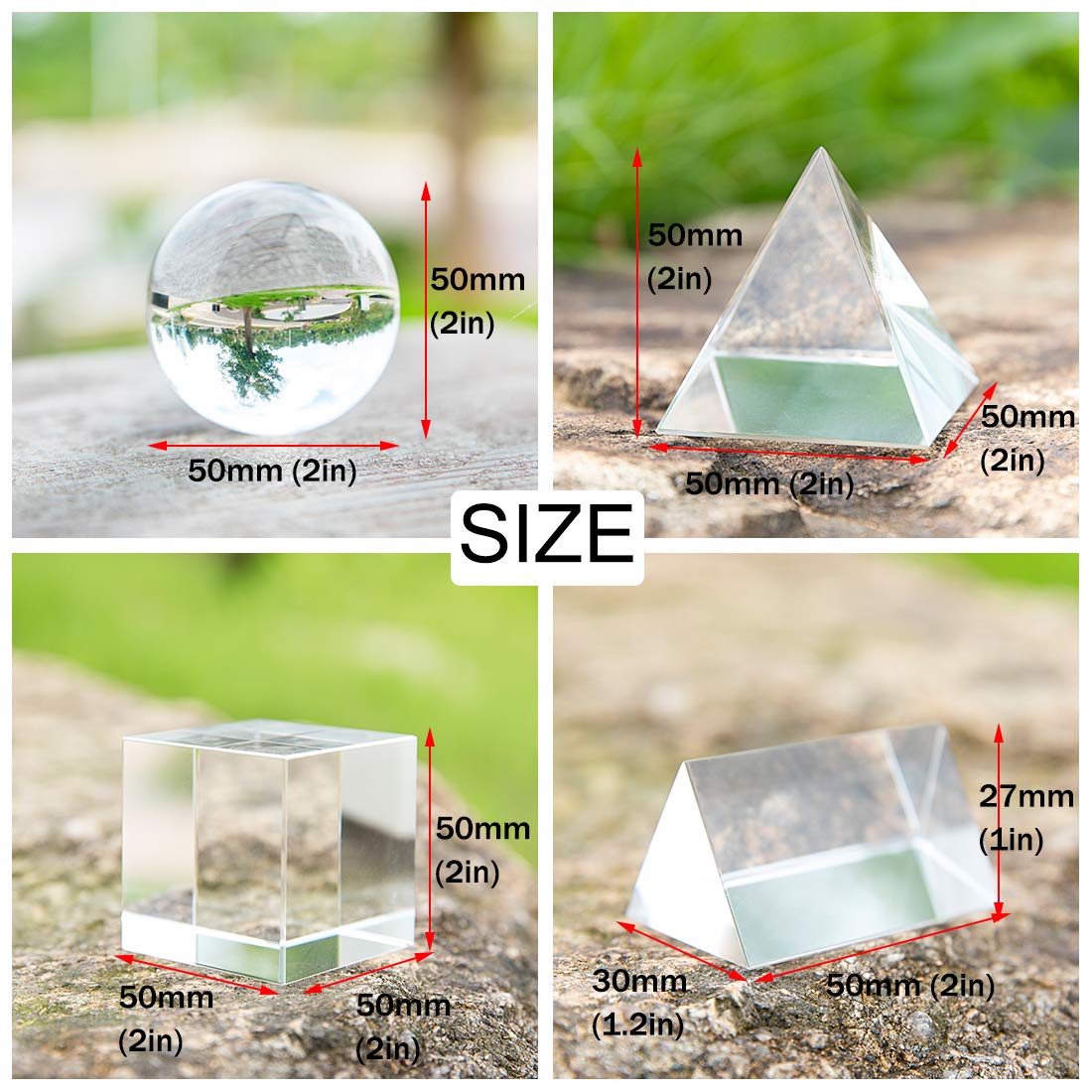 QFkris 7 Pack Crystal Photography Prism Set, Include 50mm Crystal Ball, 50mm Crystal Cube, 50mm Optical Pyramid, 25mm*1+50mm*2+100mm*1Triangular Prism