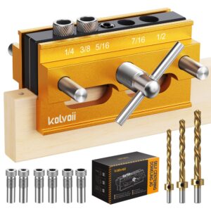 kolvoii self centering doweling jig, dowel jig kit width adjustable for straight holes biscuit joiner tools with 3 high speed steel drill bits, 6 drill guide bushings(gold)
